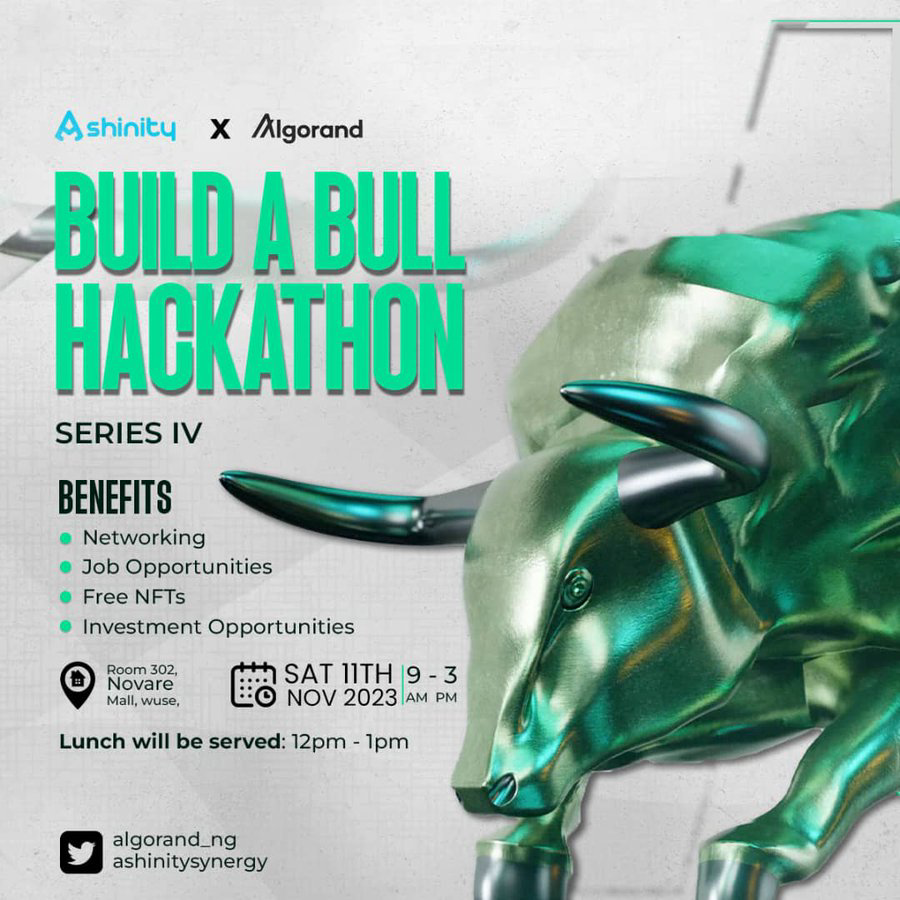 ManLikeAkoh's tweet photo. #Abujatwittercommunity.
The Algorand Build a Bull Hackathon is happening today at Novare Mall, Wuse.
Register here >>>
https://t.co/WRpPgq7sQT
Powered by @algorand_ng & @ashinitysynergy
#TechJobs #NFTBonus #AbujaTech https://t.co/8vB5uFQSR7