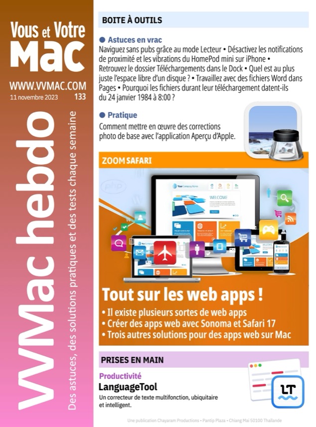 VVMAC_FR's tweet image. Bonjour, je sais que c'est jour férié aujourd'hui, mais on n'allait pas décaler la sortie de VVMac hebdo à demain dimanche, hein. C'est le n°133, largement consacré aux web apps – qui ne sont pas réservées à Safari 17 Sonoma. Il y a des solutions alternatives !
