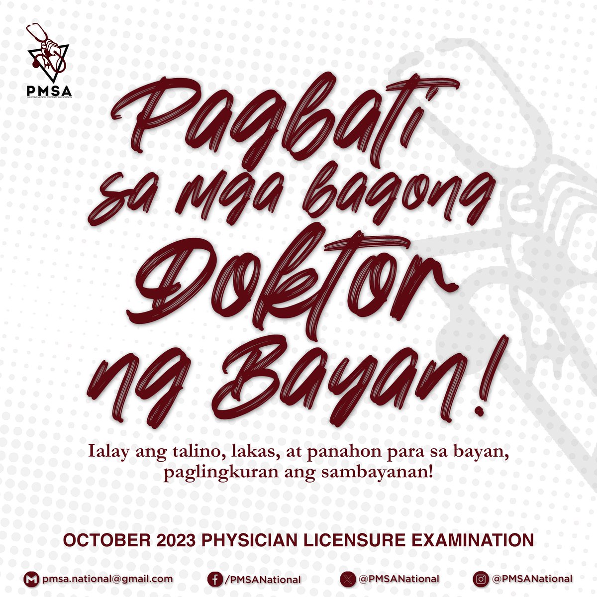 PMSANational's tweet photo. Mainit at taas kamaong ipinaabot ng Philippine Medical Students' Association ang pagbati at pagpupugay sa mga bagong doktor ng bayan!
IALAY ANG TALINO, LAKAS, AT PANAHON PARA SA BAYAN, PAGLINGKURAN ANG SAMBAYANAN!
#October2023PLE
#HealthIsARight
#HealthIsPolitical https://t.co/wB30Ha5Jpq