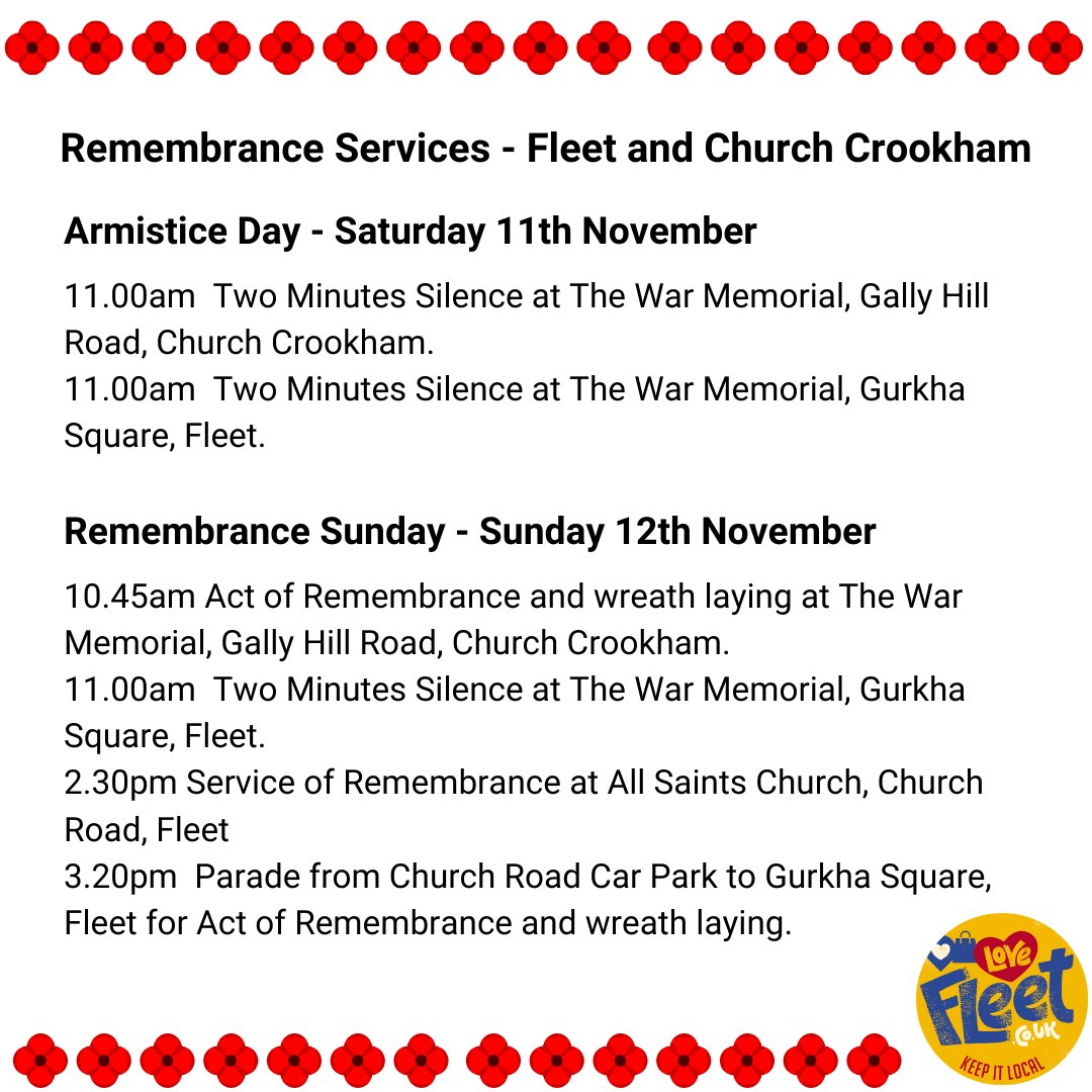 Here are the times of the Remembrance Services in Fleet and Church Crookham today, Armistice Day and tomorrow, Remembrance Sunday.
Full details are on the website of the Fleet, Crookham &amp; District Branch of the Royal British Legion branches.britishlegion.org.uk/branches/fleet…