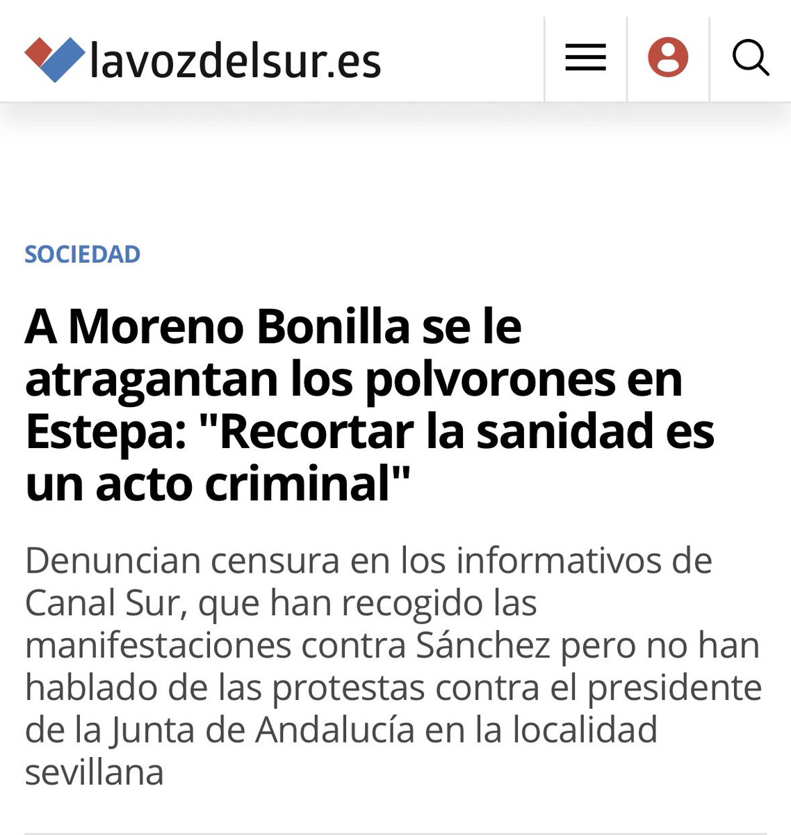 Maria Angeles Prieto (@mangelesprieto) on Twitter photo “Recortar la sanidad es un acto criminal”
📣 #Estepa pita a Juanma Moreno por la dramática situación de la #SanidadPublica en la comarca
<a href="/CSurNoticias/">CanalSurNoticias</a> estuvo allí pero NO lo grabó
❌CENSURA se llama esto
‼️Y así con todo: ATENCIÓN q solo nos cuentan lo q la Junta autoriza!! “Recortar la sanidad es un acto criminal”
📣 #Estepa pita a Juanma Moreno por la dramática situación de la #SanidadPublica en la comarca
<a href="/CSurNoticias/">CanalSurNoticias</a> estuvo allí pero NO lo grabó
❌CENSURA se llama esto
‼️Y así con todo: ATENCIÓN q solo nos cuentan lo q la Junta autoriza!!