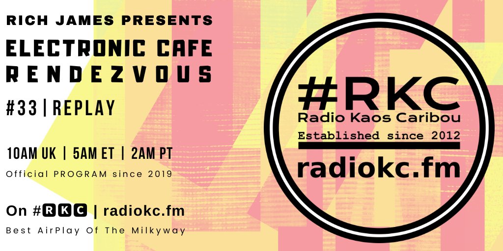 TODAY

🕙10AM UK⚪5AM ET⚪2AM PT

<a href="/ElecCafe/">Electronic Cafe Rendezvous & Pink Dolphin Music</a> #Rendezvous

EPISODE #33 │ #REPLAY

⬇️Details⬇️
🌐 fb.com/RadioKC/posts/…

📻 #🆁🅺🅲 featuring &amp; closing w/

@djkennetha │ <a href="/jonnyfallout/">Jonny Fallout</a> │ <a href="/stuffamebobs/">Simon Irvine</a> │ <a href="/the_oversleep/">The Oversleep</a> │ <a href="/MusicObject/">FoundObjectMusic</a> │ <a href="/dyrctmusic/">Jeff Appleton</a>