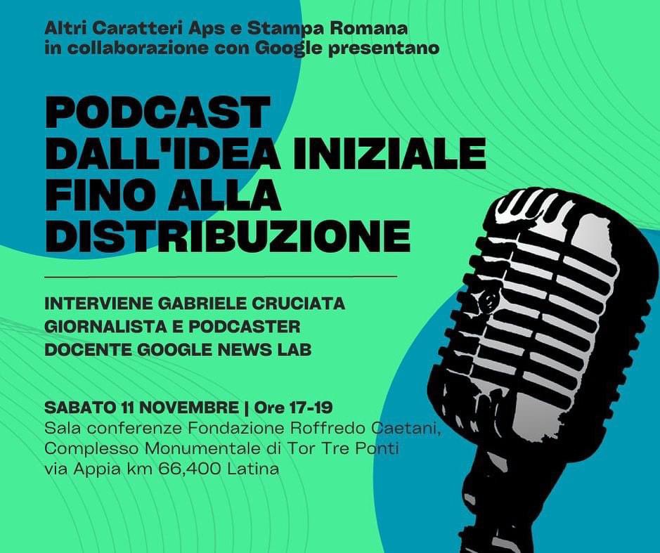 SerenaNogarotto's tweet photo. #giornalismo A Latina, oggi, il corso di formazione sul #podcast. Interviene il giornalista e podcaster Gabriele Cruciata. Promosso da @Stamparomana e Altri Caratteri Aps in collaborazione con @googleitalia 

L’incontro è aperto a tutti. https://t.co/SYn1B4DK7i