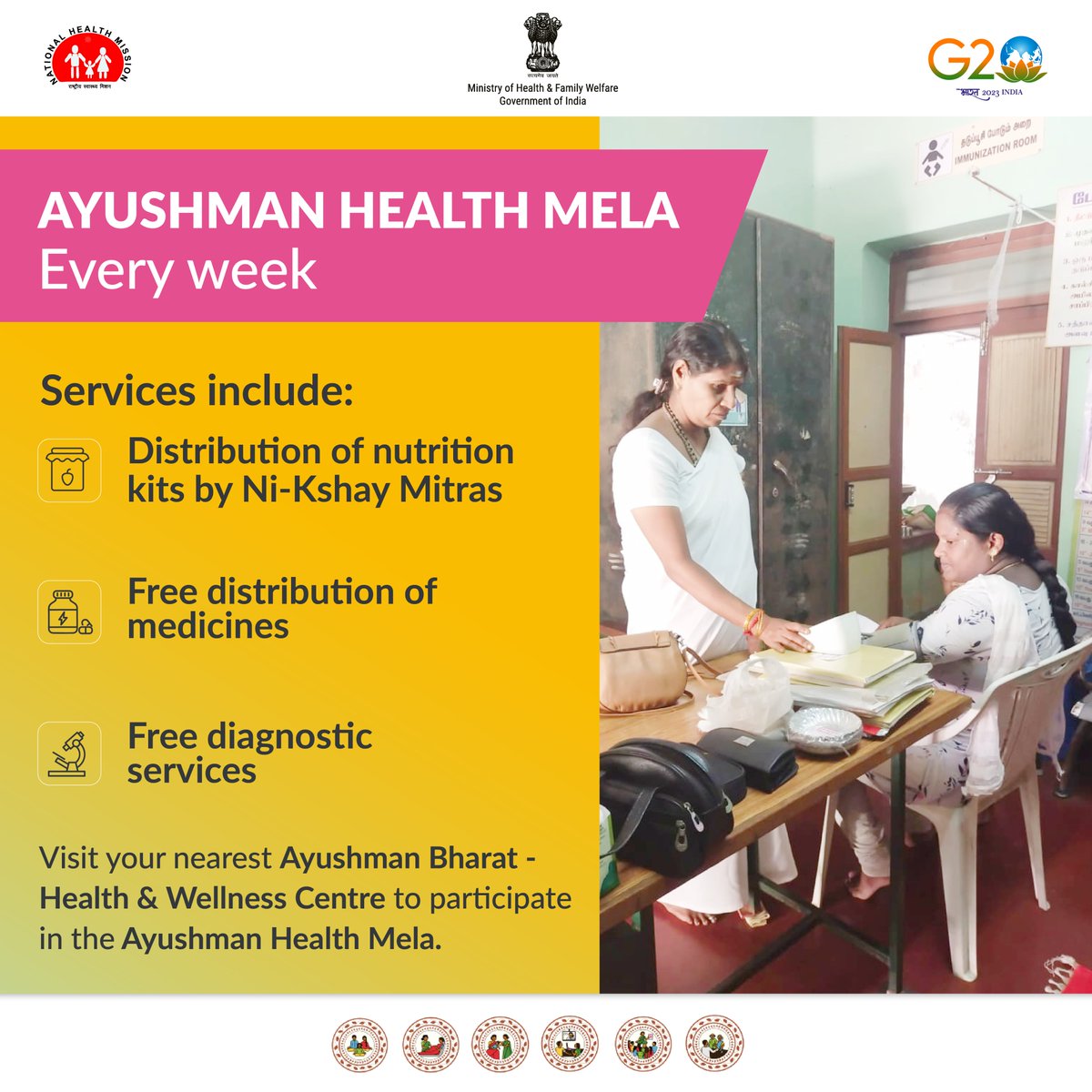 Don't miss out on this opportunity to prioritize your wellbeing. Join the #AyushmanHealthMela and take the first step towards a healthier self by availing a range of FREE primary healthcare services.

Visit the nearest #AB_HealthandWellnessCentre to know more.