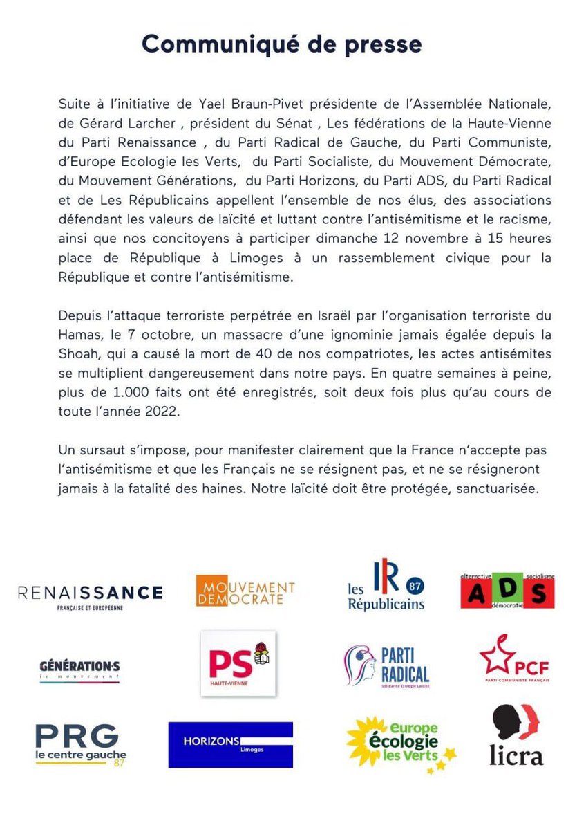 HorizonsLimoges's tweet photo. 🔵⚪️ Communiqué de presse
Horizons Limoges se joint au rassemblement civique pour la République et contre l'antisémitisme.

Rendez-vous place de la République à Limoges dimanche 12 novembre à 15h. ⤵️ https://t.co/KKBqUnfRO8