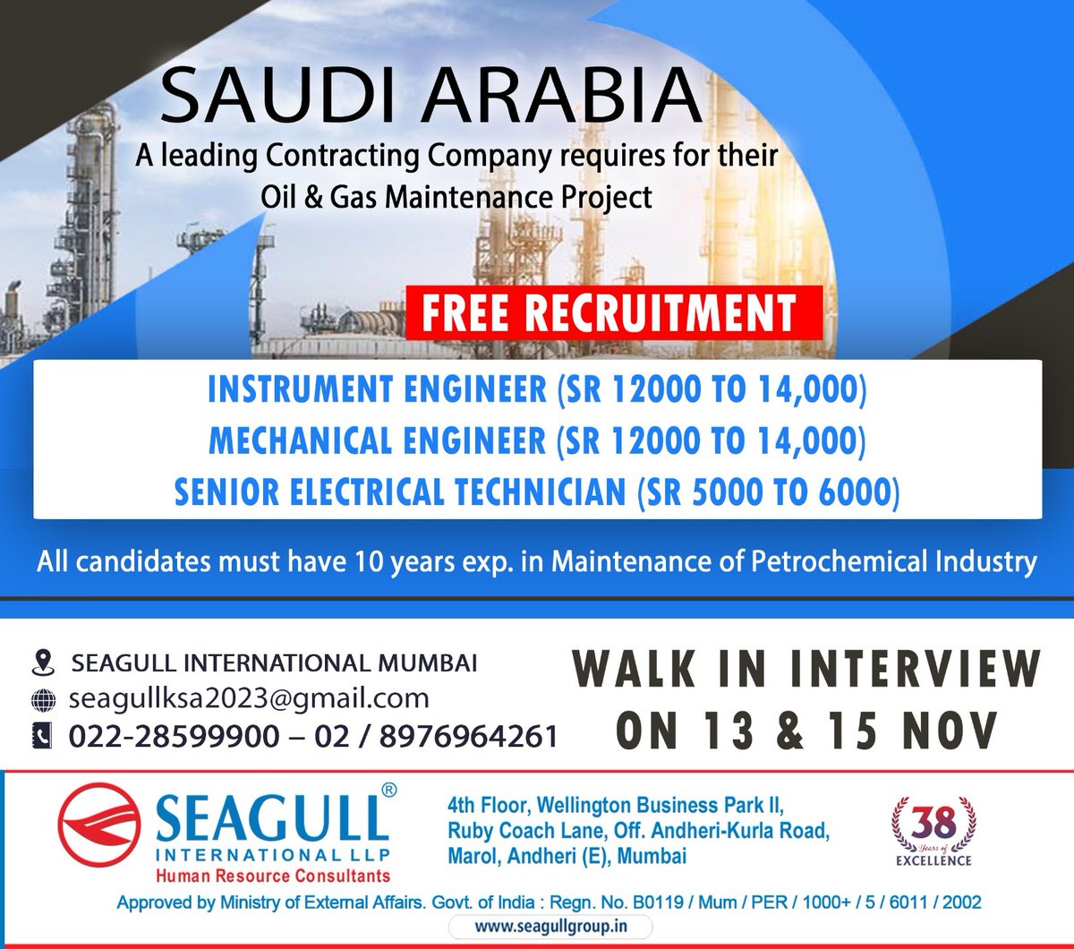hrd1_seagull's tweet photo. 🇸🇦Saudi Arabia Jobs
‼️Free Recruitment
🗓️Walk In Interview On 13th & 15th November 2023
.
.
.
#saudiarabiajobs #seagll #mumbaijobs #instrumentengineer #mechanicalengineer #seniorelectricaltechnician https://t.co/koNysQsDXW