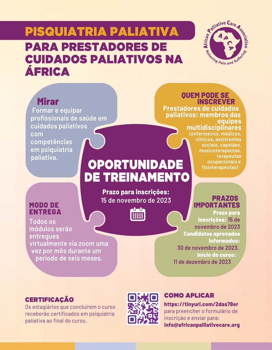 🔸Training opportunity for #palliativecare providers🔸Don't miss this chance to boost your skills in #Palliativepsychiatry. Apply here tinyurl.com/2das78er  #mentalhealth  
<a href="/HPNAinfo/">Hospice and Palliative Nurses Association (HPNA)</a> <a href="/PalliativeMedJ/">Palliative Medicine</a> <a href="/hospaz/">HOSPAZ</a> <a href="/KEHPCA/">Kenya Hospices and Palliative Care Association</a> <a href="/NoahsArkHospice/">Noah's Ark Children's Hospice</a> <a href="/StLukesHospice/">St Luke's Hospice</a> <a href="/trinityhospice/">Royal Trinity Hospice</a> <a href="/theNCI/">National Cancer Institute</a>