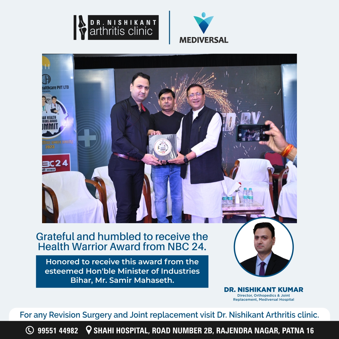 Grateful and humbled to receive the Health Warrior Award from NBC 24. Honored to receive this award from the esteemed Hon'ble Minister of Industries Bihar, Mr. @samirmahaseth_ 
#HealthWarrior #AwardRecognition #ministerofindustries

#drnishikant #orthopedic #surgeon #knee #joint