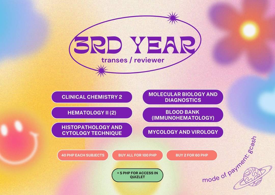 gaiakollectiv's tweet image. — [ 🧺 ] : 3rd year medtech transes / reviewer  🗒️ for sale!

available:
✧ clin chem 2
✧ hema 2
✧ histopath
✧ molbio
✧ immunohema/bb
✧ mycoviro

( only those of 2nd sem subjs ) 
✍🏻 — +₱5 for access in Quizlet 

#transes #notes #bsmls #bsmedtech #olfu #feu #ust