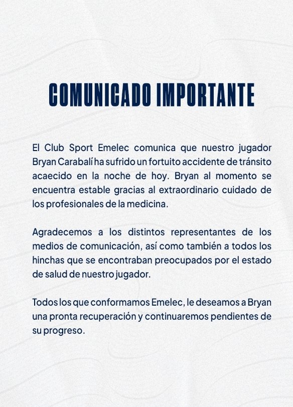 Quiero agradecer profundamente a todos aquellos que se han preocupado por la salud de Bryan Carabali. En nombre de todos los que hacemos Emelec, apreciamos y valoramos sus mensajes de apoyo.