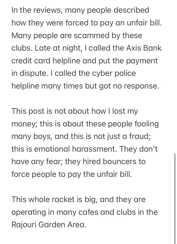 Fraud Alert: Met a girl on <a href="/bumble/">Bumble</a>, went to The Race Lounge &amp; Bar in Rajouri Garden. She ordered drinks and the bill was Rs 15,886. Realised it was a scam. Discovered many people are scammed. <a href="/Cyberdost/">CyberDost I4C</a> 1930 not working, <a href="/DelhiPolice/">Delhi Police</a> please take action. Read the whole story: