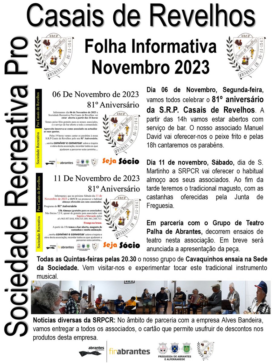 A nossa já habitual folha informativa da Sociedade Recreativa Pro Casais de Revelhos-Nov. 2023

Siga-nos nas nossas redes sociais:
linktr.ee/srpcasaisderev…