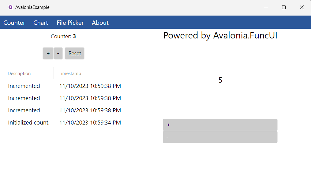 I added an Avalonia.FuncUI UserControl and spliced it into my Elmish.Avalonia .axaml view side-by-side.
#fsharp <a href="/AvaloniaUI/">Avalonia UI</a>