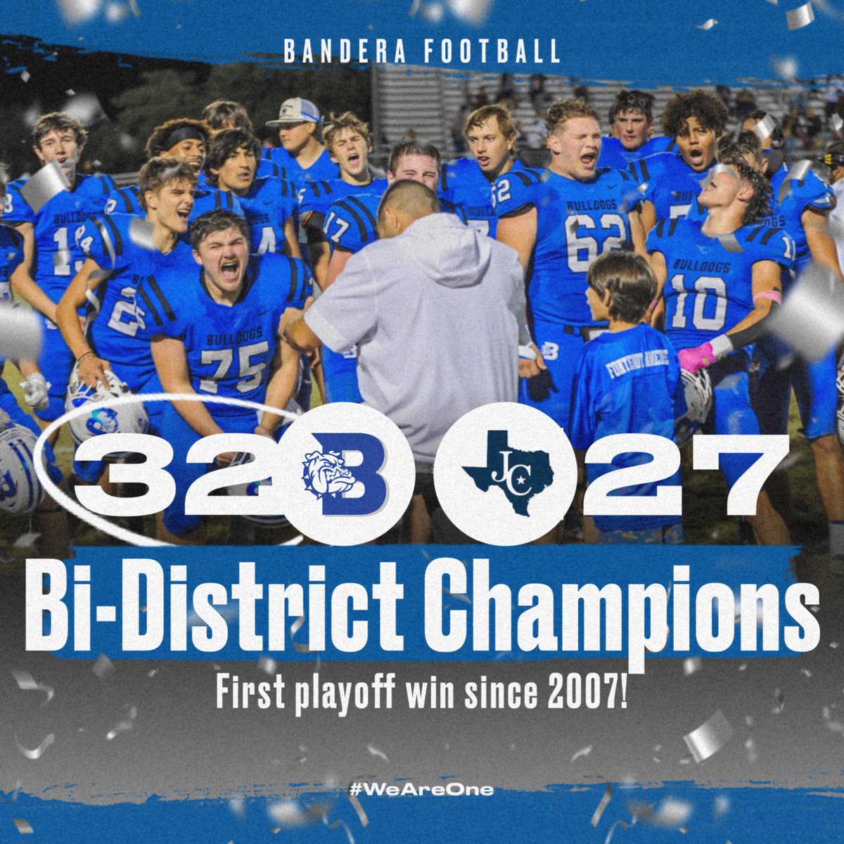 With tonight’s 32-27 win over Jarrell, your Bandera Bulldogs are Bi-District Champions for the first time since 2007! #WeAreOne 

The Bulldogs will advance to play Ingleside in the Area Round next week.
