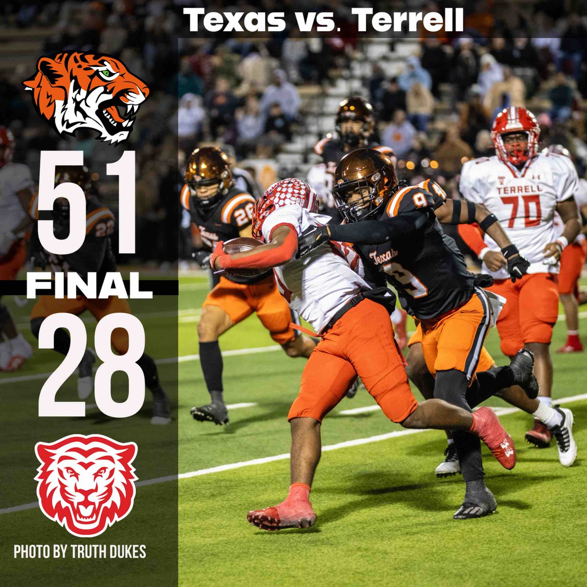 TigerTimesTHS's tweet photo. Texas High holds off a resurgent Terrell and wins with a score of 51-28 and advances to the second round of the Texas High School Playoffs. #txhigh #fridaynightlights #texashighschoolfootball https://t.co/QQYHn9Wx6k