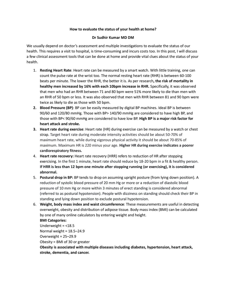 hyderabaddoctor's tweet image. How to evaluate the status of your health at home?
Dr Sudhir Kumar MD DM

We usually depend on doctor’s assessment and multiple investigations to evaluate the status of our health. This requires a visit to hospital, is time-consuming and incurs costs too. In this post, I will…