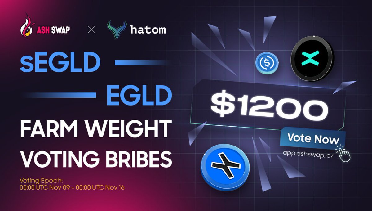 ash_swap's tweet photo. $1,200 Farm Weight Voting bribes for $sEGLD pool from @HatomProtocol are on the table 🍽

Vote your #veASH this epoch and nap a piece of the savory prize.

Time to race, farmers 🏁

👉 https://t.co/5DwSKBquJt

#AshWars https://t.co/0ic3jRHxIj