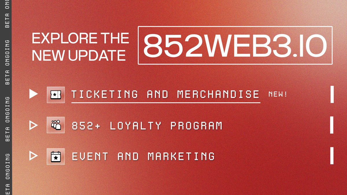 852Web3 Q4 Update

轉眼間，我們已與大家渡過了接近一年的時光，852經歷了嘗試商業化的半年，坦白說真的不容易

隨時間推進，不論是未推出完整藍圖的貢獻量化計劃 852＋ 還是完滿結束 的ETH HK，都是重要的里程碑

今日我們來更新動向，同時推出籌備已久的 「活動票據及購買商品功能」 （測試版） 🧵
