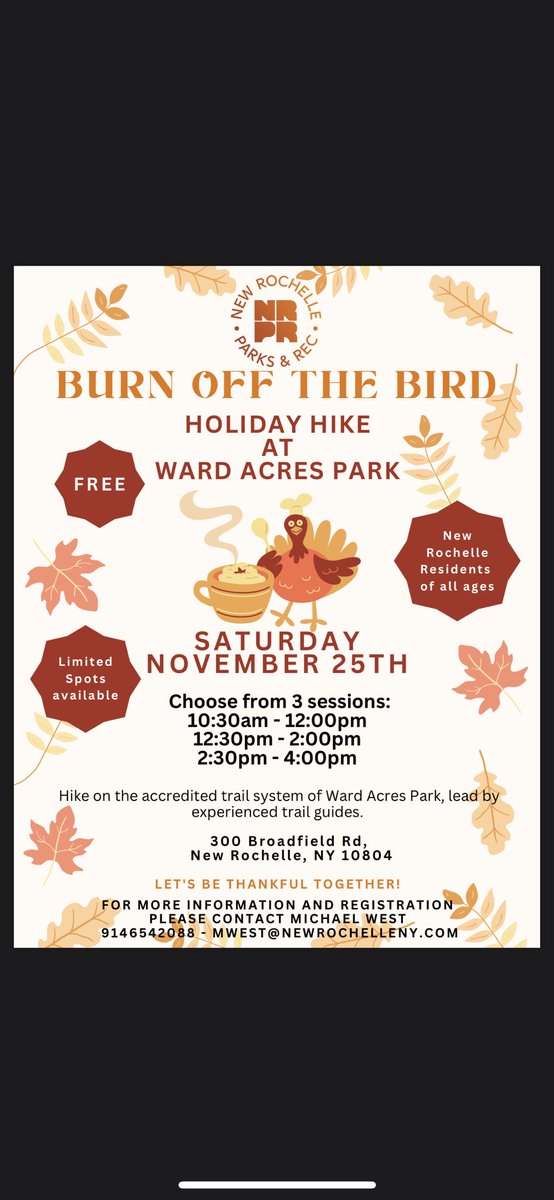 NewRoParks's tweet photo. New Program Alert!!!

Join The Parks &amp; Rec Dept. Thanksgiving Weekend for an awesome hike through our very own Ward Acres Park!!! 

Free Program / New Rochelle Residents / All Ages 
☀️🍁🥾🌲 https://t.co/0LD5KzG2L9