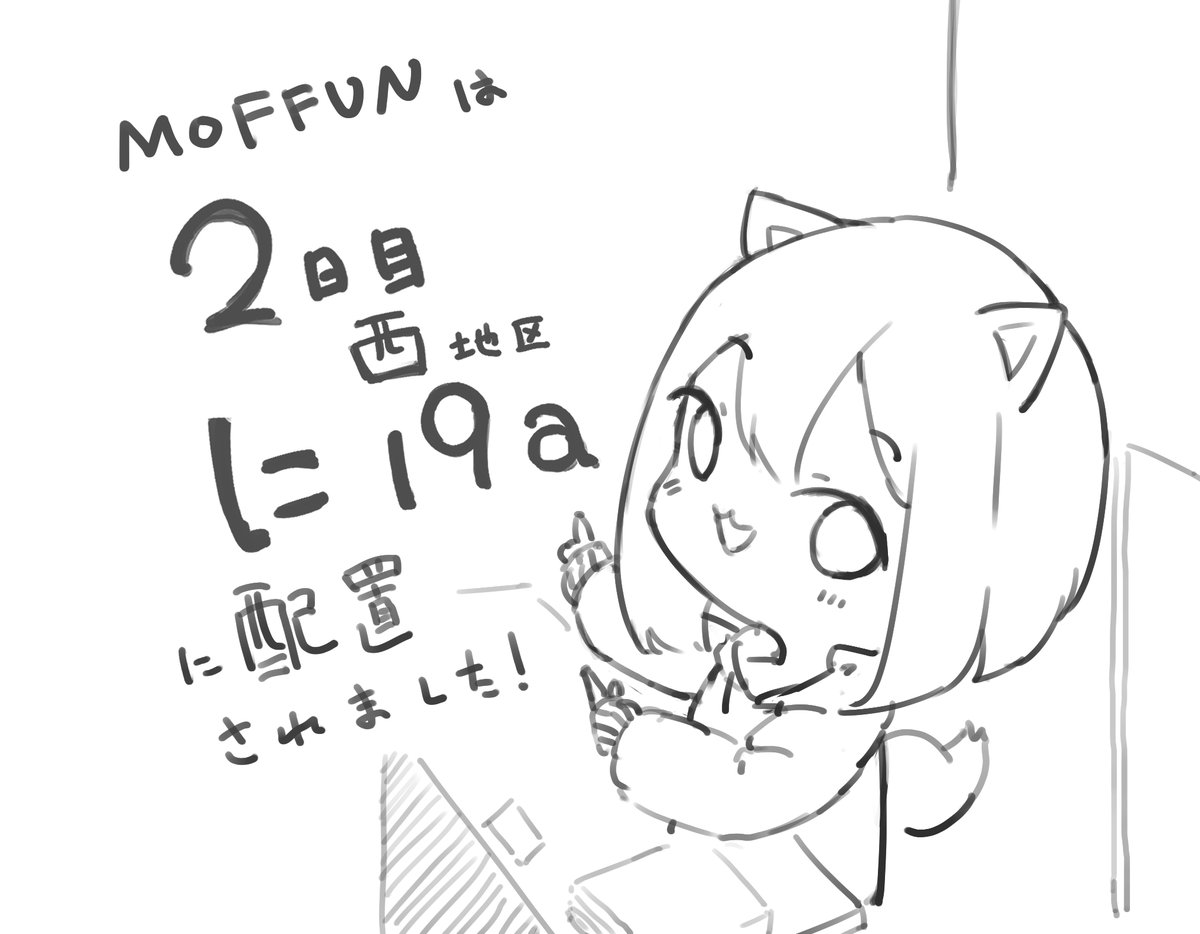 あなたのサークル「MOFFUN」は、 日曜日 西地区 "に" ブロック 19a に配置されました。 スペースいただけました!来てね!#C103