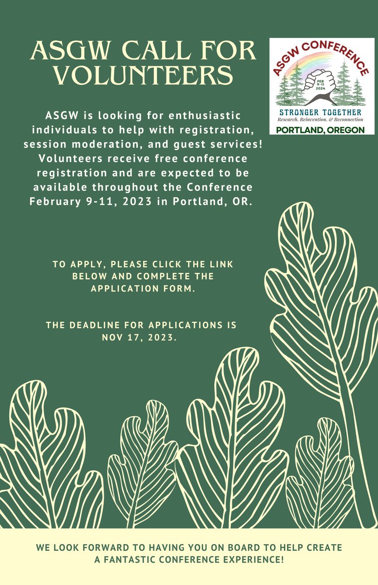 ASGWsocial's tweet photo. CALL FOR CONFERENCE VOLUNTEERS!
DEADLINE TODAY! DON'T MISS OUT!

To apply, please click the link below and complete the application form.
https://t.co/ux763Yexjz...

#asgw #conference #volunteer #strongertogether #groupwork https://t.co/snj3s7vMI5