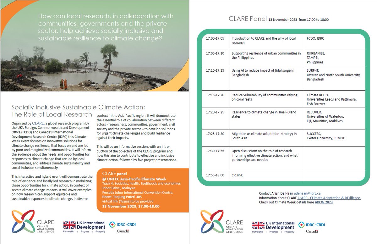 ArjanDevDebate's tweet image. Join us at @UNFCCC Asia Pacific Climate Week.🌏 📷13 Nov: We will focus on how local communities are advancing climate adaptation efforts.  The panel will highlight projects under the #CLimateAdaptationREsilience (CLARE) program @FCDOGovUK @IDRC_CRDI #APCW2023
#ClimateWeekAP