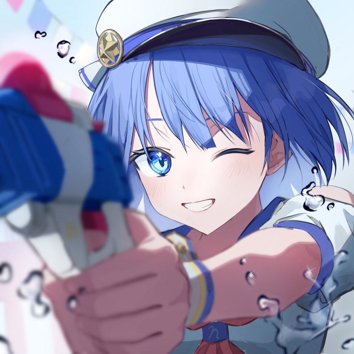 1girl one eye closed blue eyes blue hair hat water gun solo  illustration images