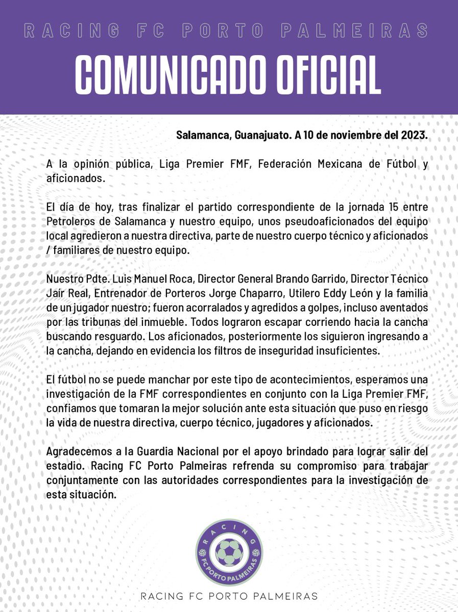 RacingVeracruz_'s tweet photo. 🗒️ COMUNICADO OFICIAL: Violencia en Salamanca.

 A @LigaPremier_FMF , @FMF y aficionados. 

#ElMonstruoMorado 😈 https://t.co/6oqjFpHN3j