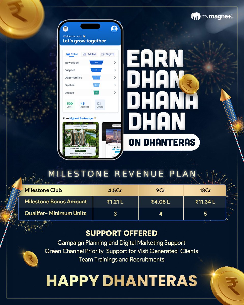 🪔 This Dhanteras, amplify your earnings with MyMagnet.io's Milestone Revenue Plan! 🌟

Seize the blessings of Dhanteras and let MyMagnet.io light up your journey towards success! 💰✨

#Dhanteras #Prosperity #MilestonePlan #MyMagnetIO #DigitalMarketing