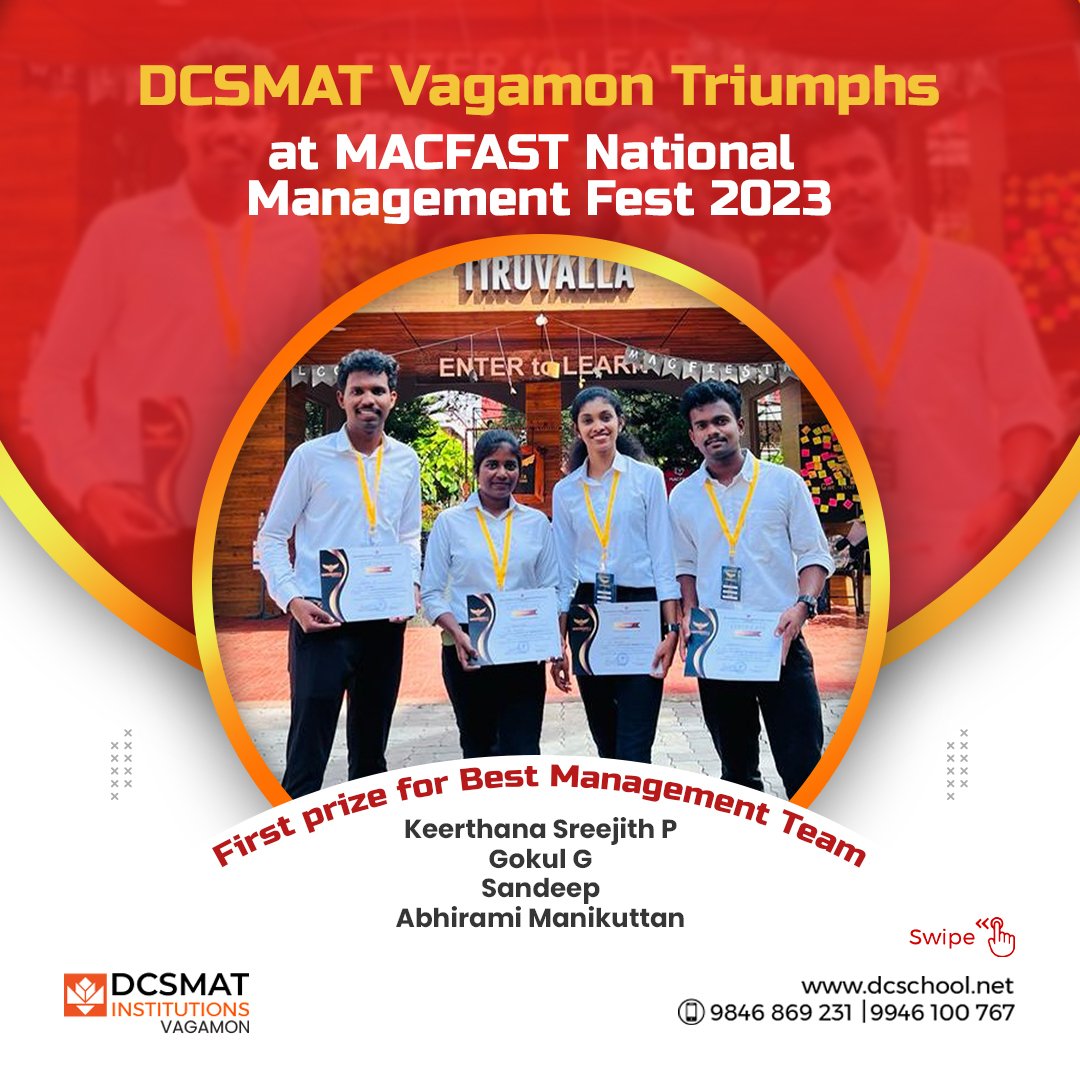 DCSMATInstituti's tweet image. Exciting News! DCSMAT Vagamon students shine at the MACFAST National Management Fest 2023! 🌟🏆 Our brilliant minds clinched the First Prize for Best Management Team and Second Prize for the Marketing Game.

#dcsmat #macfast #DCSMATVagamon #ManagementFestWinners