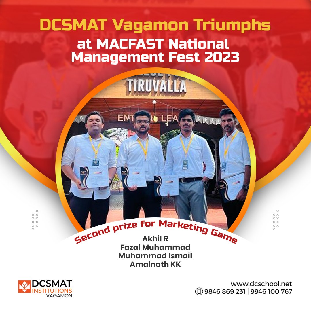 DCSMATInstituti's tweet image. Exciting News! DCSMAT Vagamon students shine at the MACFAST National Management Fest 2023! 🌟🏆 Our brilliant minds clinched the First Prize for Best Management Team and Second Prize for the Marketing Game.

#dcsmat #macfast #DCSMATVagamon #ManagementFestWinners