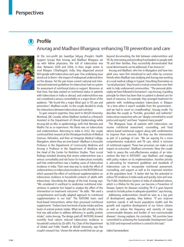 AnantBhan's tweet photo. Delighted to see Anurag @dranuragb &amp; Madhavi @dr_madhavib who I am privileged to have as friends, featured in the Lancet this week (10 November 2023 issue)
Their life journeys, choices, and work has continued to be inspiring
#TB #nutrition #publichealth 
https://t.co/SePD9btGkz https://t.co/SlZjpvKfNx