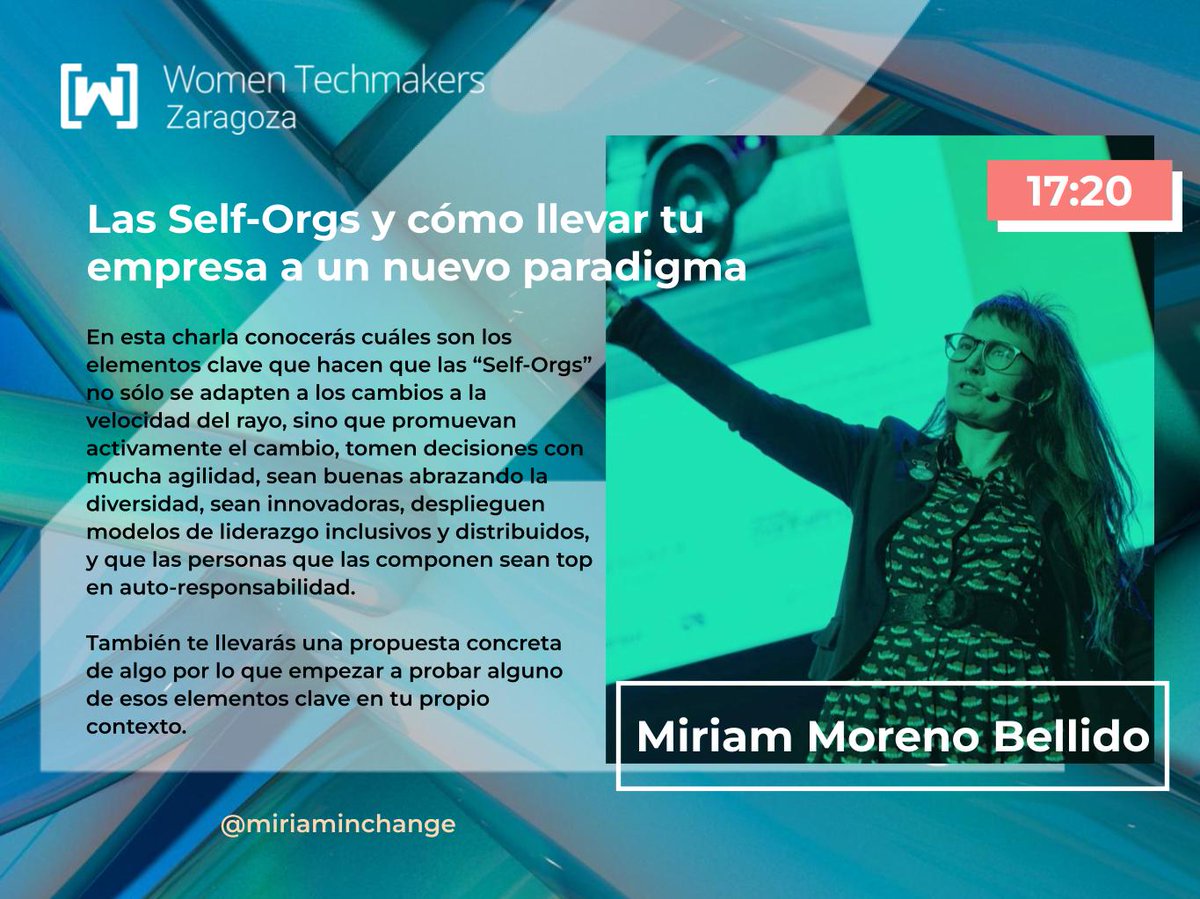 WTMZaragoza's tweet image. 👩💻 A las 17.20h
"Las Self-Orgs y cómo llevar tu empresa a un nuevo paradigma" con Miriam Moreno @miriaminchange 
#wtmz23