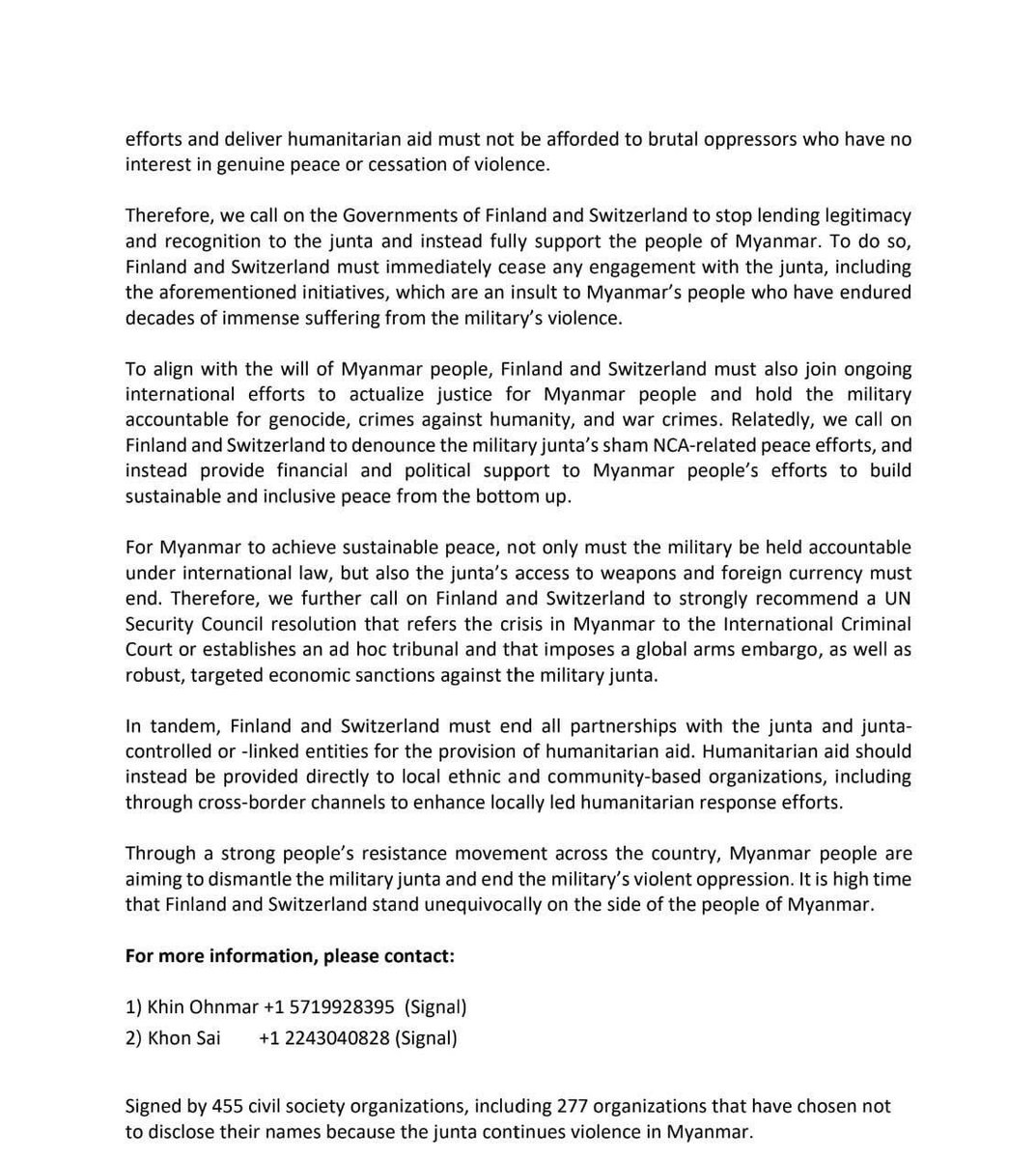 Open letter
455 CSOs including Nyan Lynn Thit Analytica call on the Governments of #Finland and #Switzerland to end all engagements with and support of the Myanmar military junta, particularly its sham peace efforts.
✊ #StandWithMyanmar #SupportDemocracy #whatshappeninginmyanmar