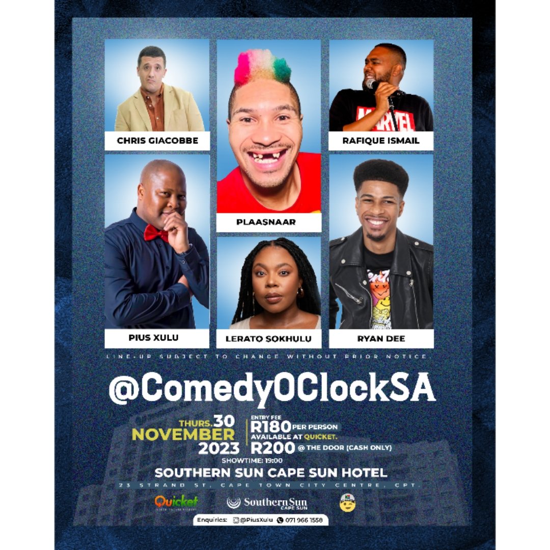 Pius Xulu (@piusxulu) on Twitter photo Join us for another crazy night of <a href="/ComedyOClockSA/">ComedyOClockSA</a> this month
๐ ๐ซ qkt.io/RiChgx
#StandUpComedy #SAComedy #CptComedy #NewProfilePic
<a href="/SAComedyShares/">#SAComedyShares</a> <a href="/UkhambaBComedy/">#FridayComedyNight</a> Join us for another crazy night of <a href="/ComedyOClockSA/">ComedyOClockSA</a> this month
๐ ๐ซ qkt.io/RiChgx
#StandUpComedy #SAComedy #CptComedy #NewProfilePic
<a href="/SAComedyShares/">#SAComedyShares</a> <a href="/UkhambaBComedy/">#FridayComedyNight</a>