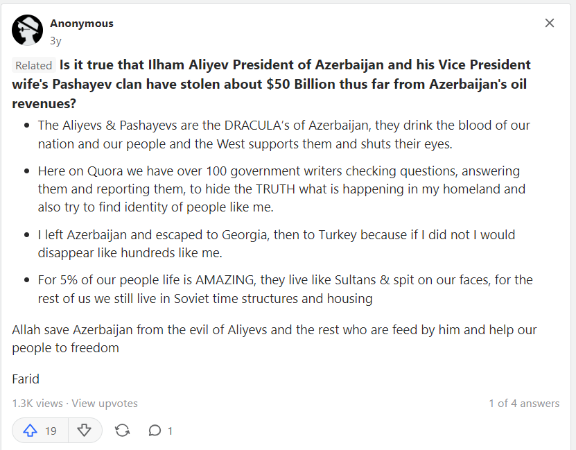 Lily__Ray's tweet image. Interesting discussions on Quora...
So this Azeri is saying:
&quot;The Aliyevs &amp;amp; Pashayevs are the DRACULA’s of Azerbaijan, they drink the blood of our nation and our people and the West supports them and shuts their eyes.&quot;
#ProsecuteAliyev