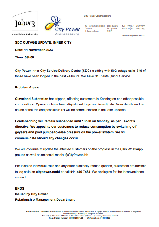 CityPowerJhb's tweet photo. #JoburgUpdates
#InnerCitySDC

Opening the day with 502 outages, 346 of those having been logged over 24hrs. 

#ClevelandSubstation affecting Kensington and possible surrounding areas 👇. ^IM https://t.co/K4oGQEGlL2
