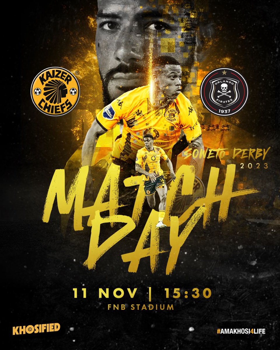 Match Day! 🏆#DStvPrem ⚽️Kaizer Chiefs vs. Orlando Pirates 👕First Team 🗓️Saturday 11 November 2023 🏟FNB Stadium 🕞15h30 📺SuperSport PSL, SABC 1 🎟R100 - Ticketpro, Spar - linktr.ee/kaizerchiefs 🎟R350 - Family Zone 🚘 Toyota Zone #Amakhosi4Life #Khosified #SowetoDerby