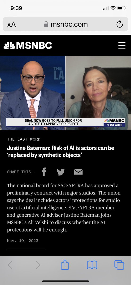 JustineBateman's tweet photo. Great talking with @AliVelshi on @msnbc’s @TheLastWord regarding the #AI provision issues in the tentative #SAG deal. Interview below. https://t.co/6fIXgvQMR1 https://t.co/YJCeJhlhxM