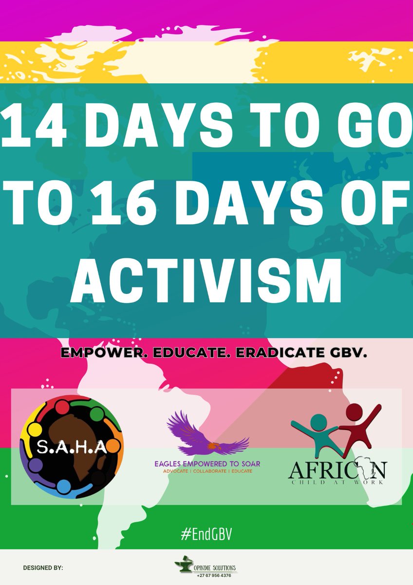 The Count Down to 16 Days of Activism Against Gender-Based Violence starts in 14 days. 

This annual international campaign runs from November 25th, the International Day for the Elimination of Violence against Women, to December 10th, Human Rights Day.
#endgenderbasedviolence