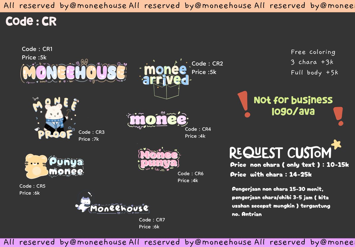 moneehouse's tweet image. 🟢 [ ᴏᴘᴇɴ ] 🟢
•
Open Commission fo Watermark and logo˚ʚ 🌱 ‼️ 𝗠𝗧 @ 𝗔𝗙𝗧𝗘𝗥 𝗗𝗠 ‼️NEW CATALOG
ꔛ
✅ : QRIS, Dana, Spay, and Wise 
ꔛ
DM or Line for more info ˶ᵔ ᵕ ᵔ˶
[ ෆ 𝗔𝗟𝗟 𝗦𝗘𝗠𝗜 𝗛𝗔𝗡𝗗𝗠𝗔𝗗𝗘 ෆ] 

t. Wtb watermark wm logo #zonaba #zonauang #zonajajan