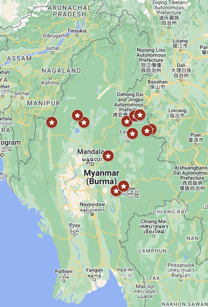 angshuman_ch's tweet photo. Quick glimpse of major towns and cities fully or partially reclaimed by #Myanmar's revolutionary forces (EAOs, PDFs &amp; joint battalions) from the coup regime since #Operation1027 began on 27 Oct. Map doesn't show junta bases that have been taken over.

#WhatsHappeningInMyanmar https://t.co/mfM1BHvOE3