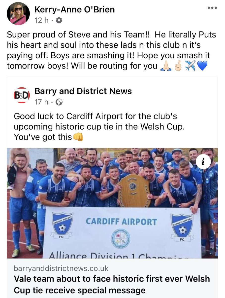 Goodluck today to everyone <a href="/CAFootballClub/">CardiffAirportF.C</a>  will be thinking of you all and hoping for the win! You can do this! ✈️💪🏻💙