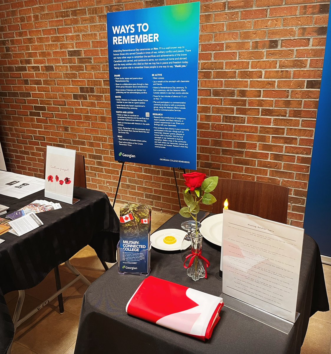 In an effort to advance our work as a Military Connected College during Remembrance Week, @georgiancollege has set up a Missing Soldier Table at each of our campuses. Each item is placed in honour of those who did not come home. #lestweforget #experiencegeorgian