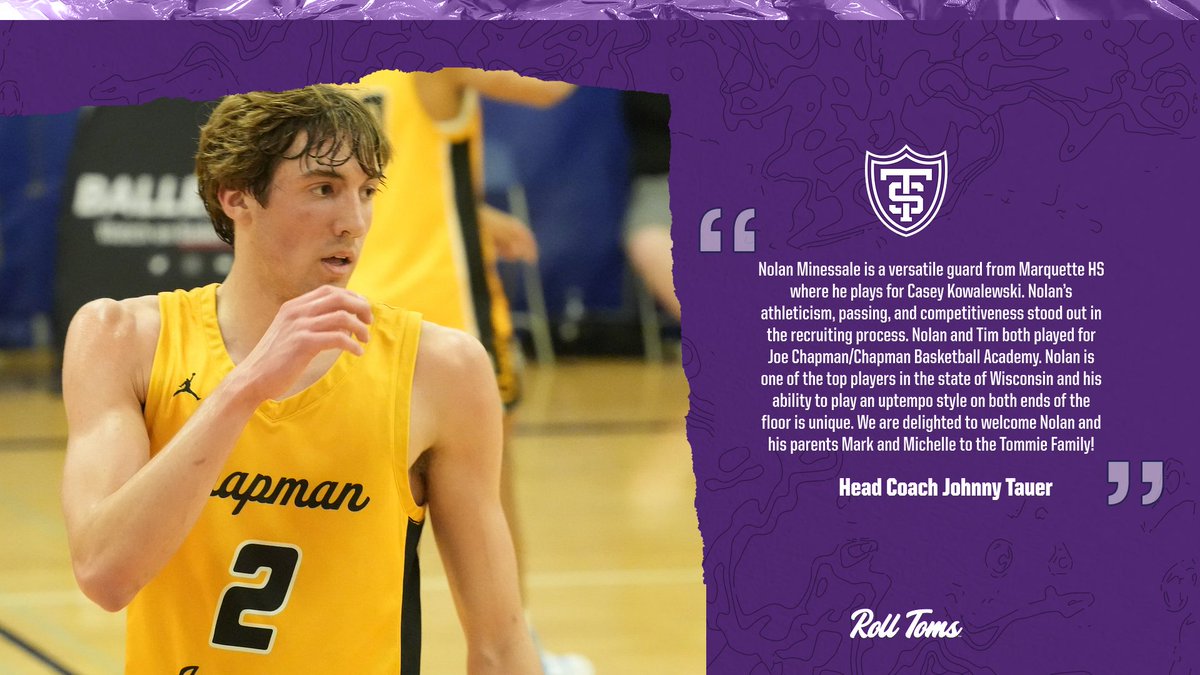Make that TWO Tommies from Brookfield, Wis.

Head Coach Johnny Tauer got another top prospect in their state

🟣 Nolan Minessale
🟣 Guard
🟣 Brookfield, Wis.
🟣 Marquette University HS

#RollToms