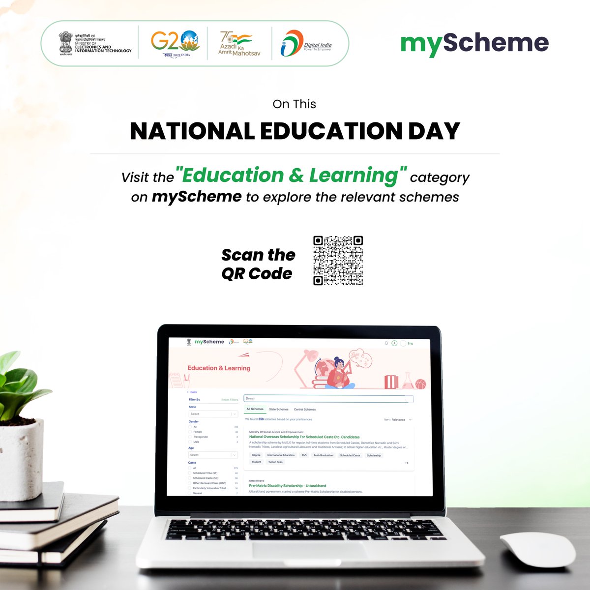 Happy Education Day!📚 Explore the 'Education & Learning' Category on myScheme to learn about related schemes. Visit: myscheme.gov.in/search/categor… #schemeforyou #governmentschemes #SCHEMESFORYOU #DigitalIndia #HappyEducationDay #myScheme #celebrating1yearofmyscheme #education