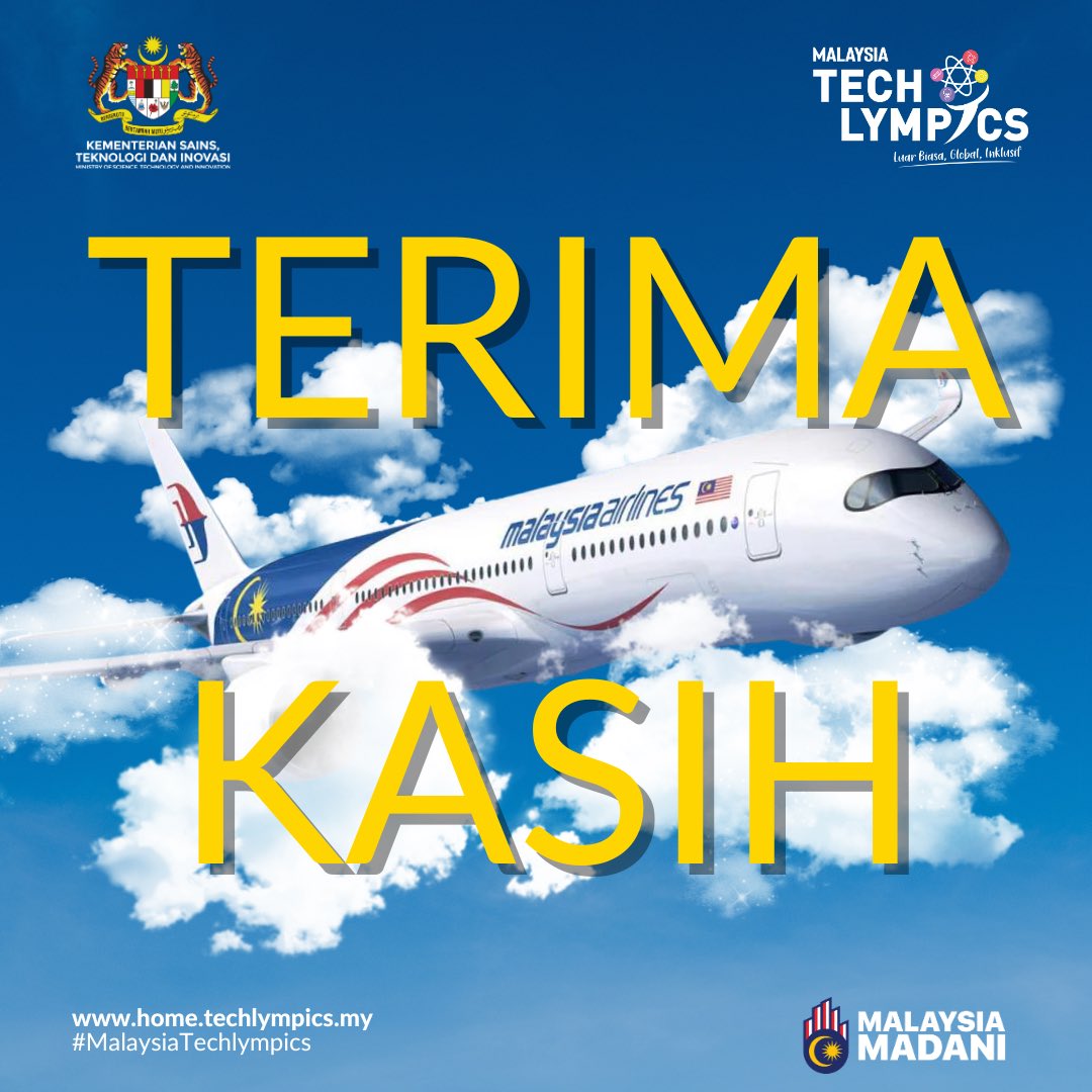 MyTechlympics's tweet photo. Kami ingin merakamkan jutaan terima kasih kepada @MAS yang telah memberikan sokongan kepada Malaysia Techlympics dalam penyediaan tiket pengangkutan untuk peserta kami dari Sabah dan Sarawak. Sumbangan anda amat kami hargai dan diharap agar kerjasama ini akan berterusan sehingga tahun-tahun akan datang. 

Kami juga berharap agar syarikat-syarikat korporat yang lain dapat turut sama membantu menjayakan inisiatif ini bagi meningkatkan penglibatan pelajar dalam bidang STEM. Anda semua juga dijemput hadir ke PICC, Putrajaya pada 19-20 November 2023 bagi memeriahkan lagi acara. Jumpa anda di sana!

#techlympicsmalaysia