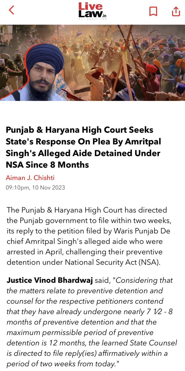 advimaankhara's tweet image. NSA ਸੰਬੰਧੀ ਕੇਸਾਂ ਵਿੱਚ ਮਾਣਯੋਗ ਪੰਜਾਬ ‘ਤੇ ਹਰਿਆਣਾ ਹਾਈ ਕੋਰਟ ਵੱਲੋਂ ਪੰਜਾਬ ਸਰਕਾਰ ਨੂੰ ਸਖ਼ਤ ਤਾੜਨਾ। #bhaiamritpalsingh #warispanjabde #sikh #kaum #punjab