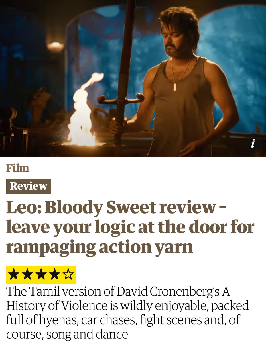 ahimsafilms's tweet photo. From one of the biggest newspapers in the UK, “#LEO is wildly enjoyable, packed full of hyenas, car chases, fight scenes and, of course, song and dance” 🔥❤️ https://t.co/SnQo2dVTNN