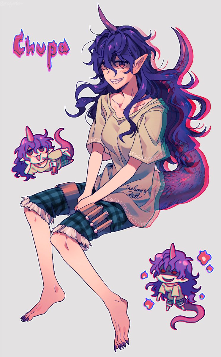 tail 1girl horns smile long hair pointy ears purple hair  illustration images